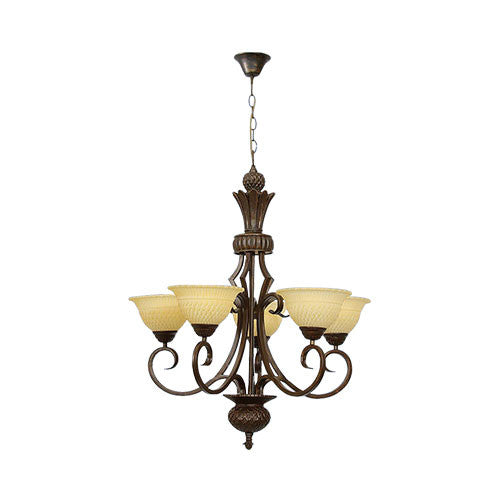 Metal and Resin Chandelier with Brown Glass