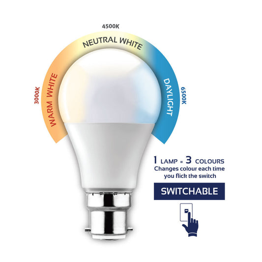 Eurolux LED Switchable Opal Globe B22 7W 610lm Warm White, Neutral White and Daylight