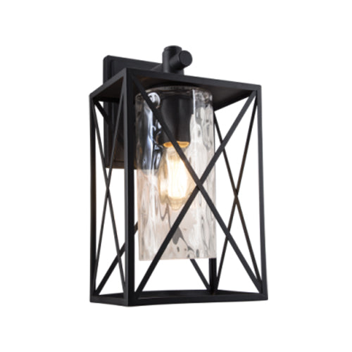 Down Facing Metal Lantern with Textured Clear Glass - Black